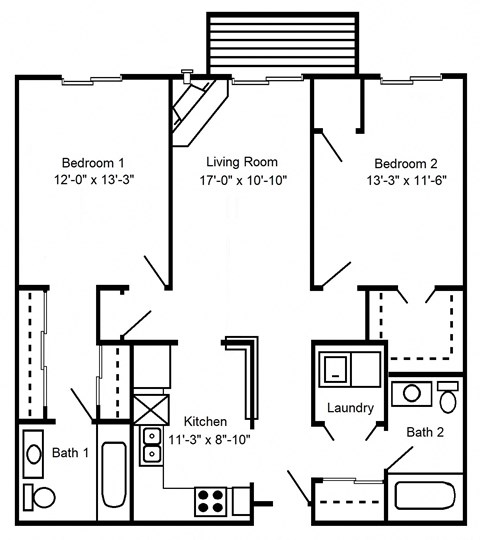 Floor plan for 2 beds, 2 baths, 1070 sqft
